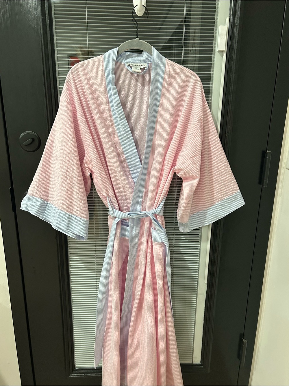 Classic Cotton Kimono Robe - Pink with Blue Trim